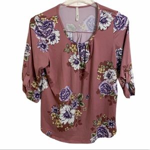 Womens Peca’s blouse,pink floral 3/4button‎ sleeve